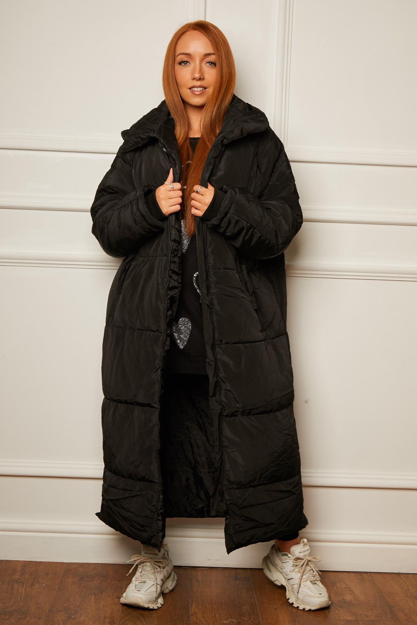 Longline Quilted Oversize Hooded Coat with Button Detail Black