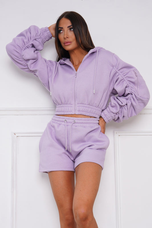 Cropped Zip Up Ruched Sleeve Hoodie & Shorts Fleece Co-ord Lilac