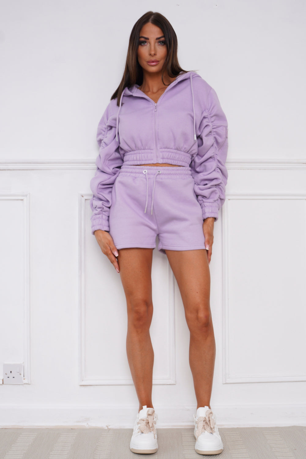 Cropped Zip Up Ruched Sleeve Hoodie & Shorts Fleece Co-ord Lilac