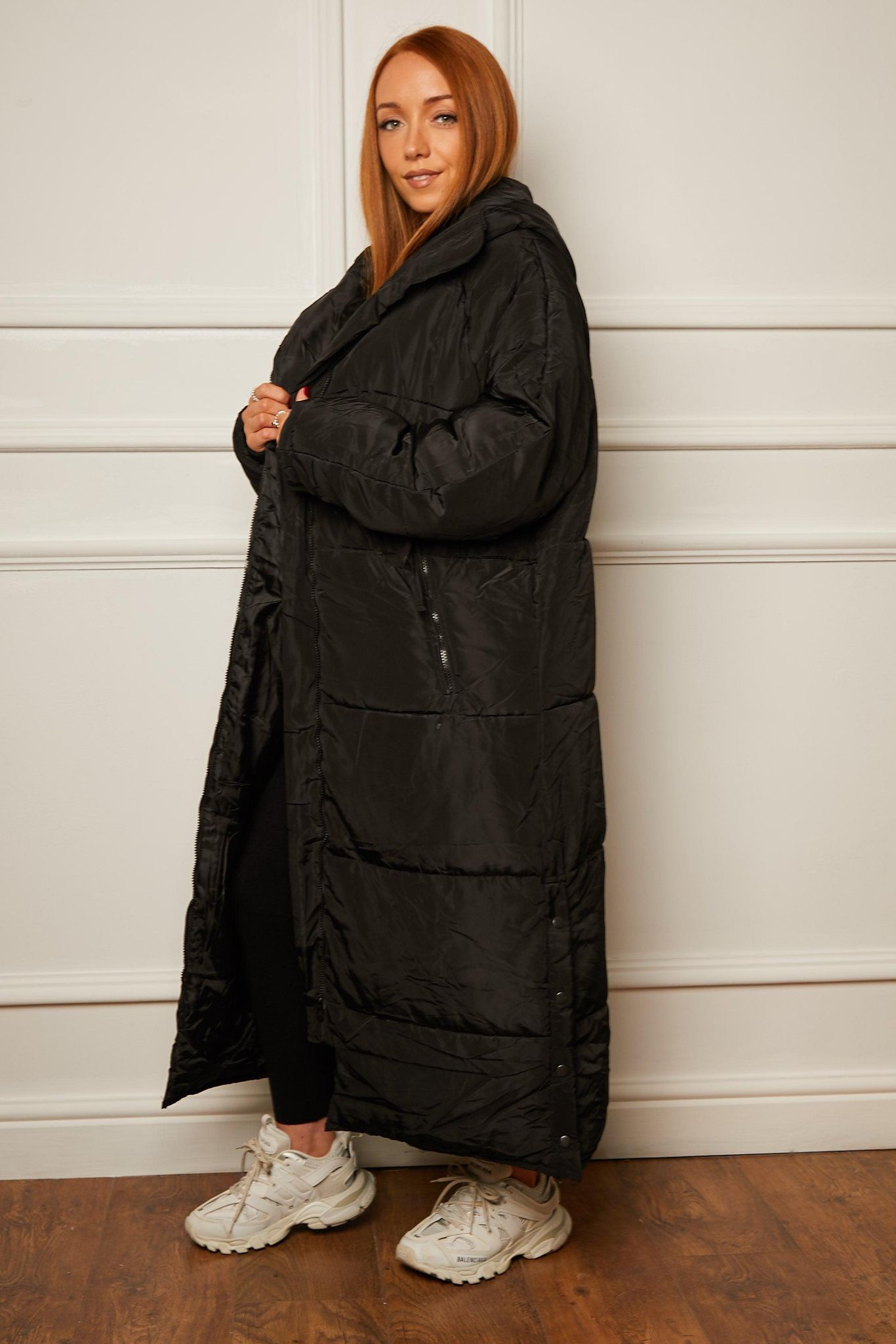 Longline Quilted Oversize Hooded Coat with Button Detail Black