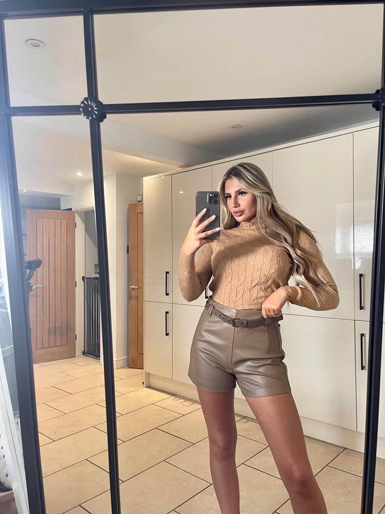 Cable Knit Roll Neck Jumper Beige