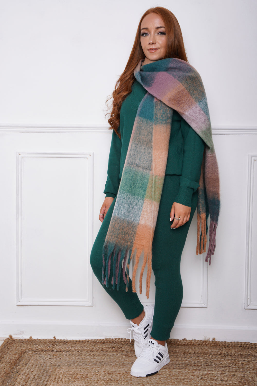 Check Print Chunky Knit Scarf Green