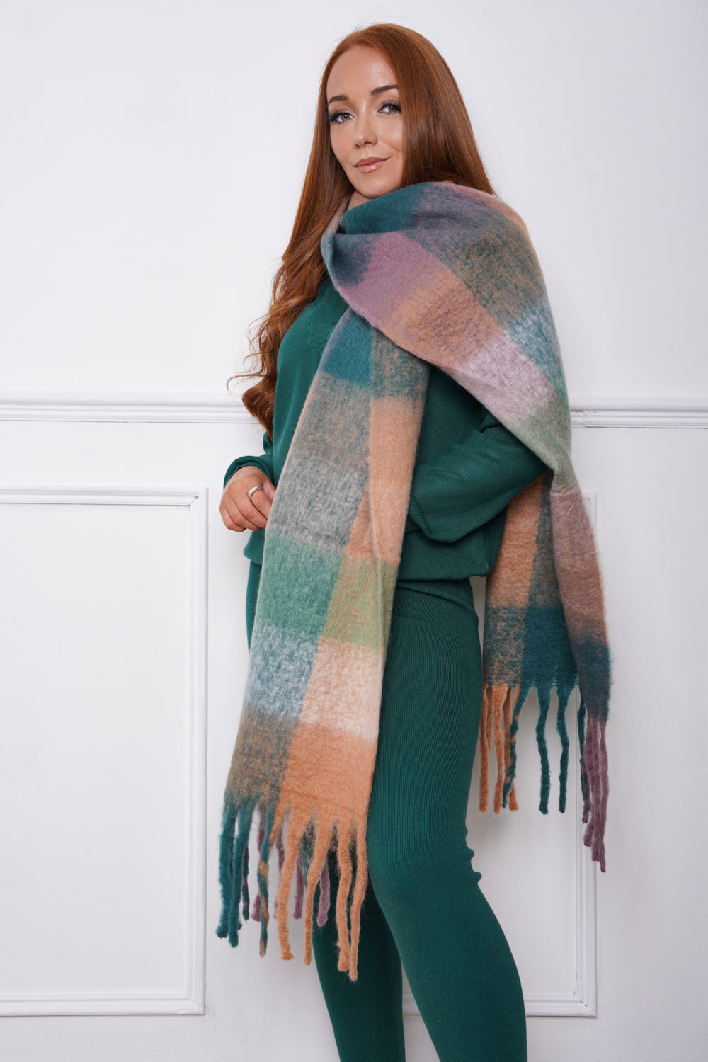Check Print Chunky Knit Scarf Green
