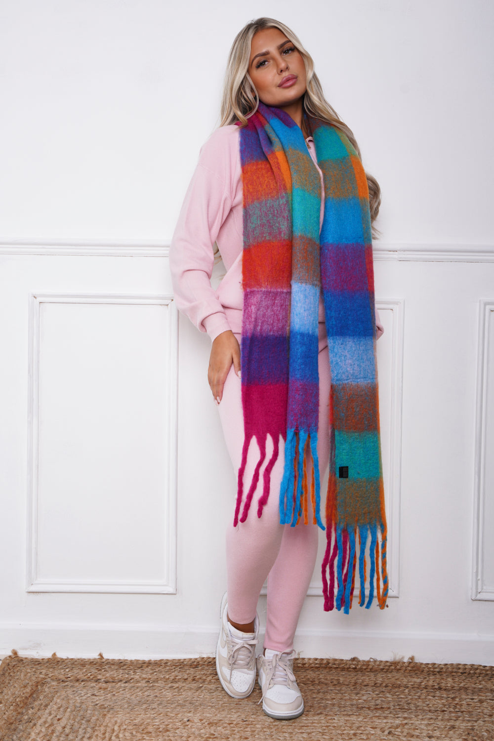 Check Print Chunky Knit Scarf Rainbow
