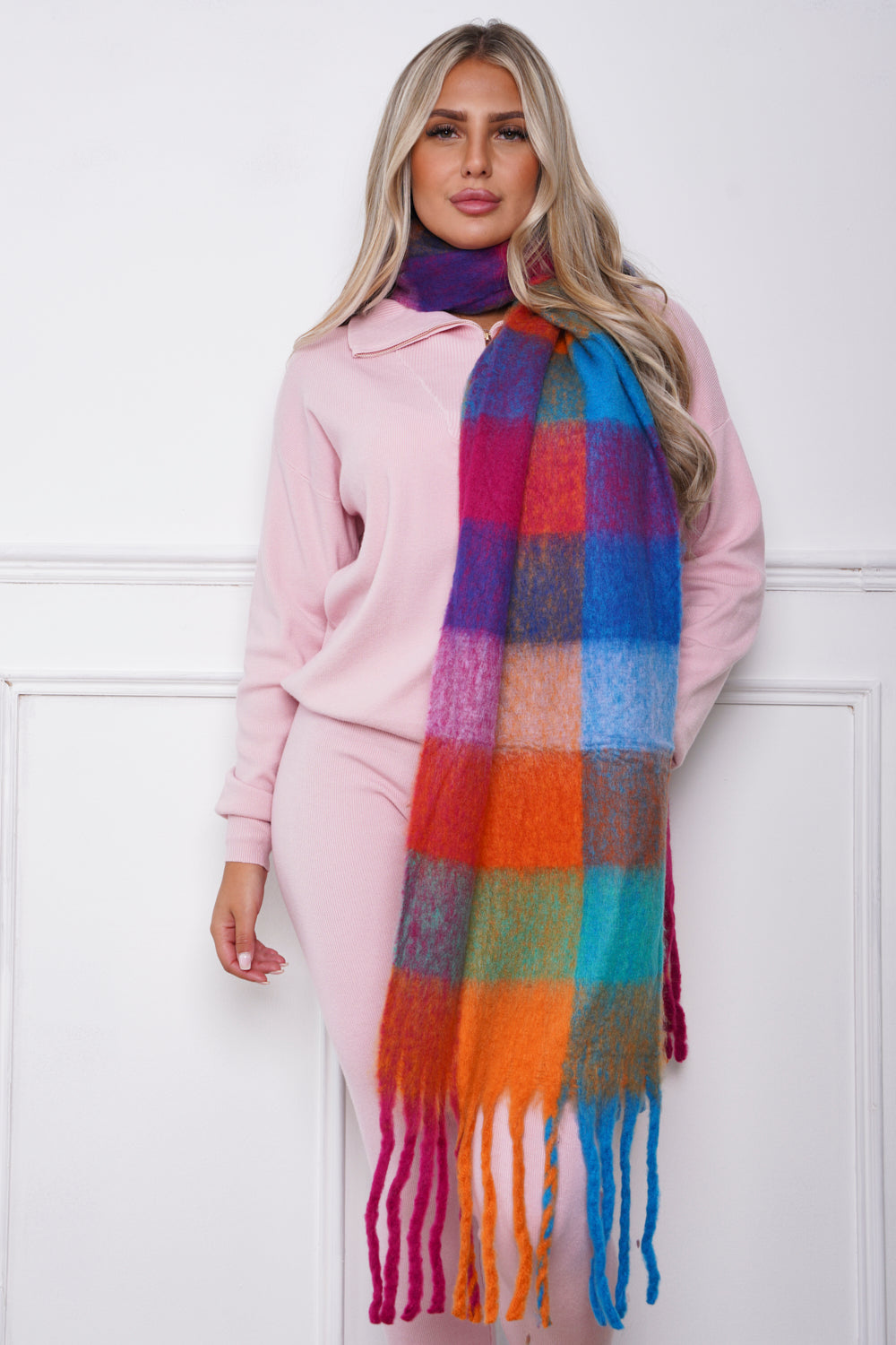Check Print Chunky Knit Scarf Rainbow