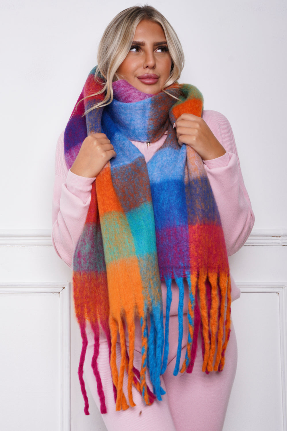 Check Print Chunky Knit Scarf Rainbow
