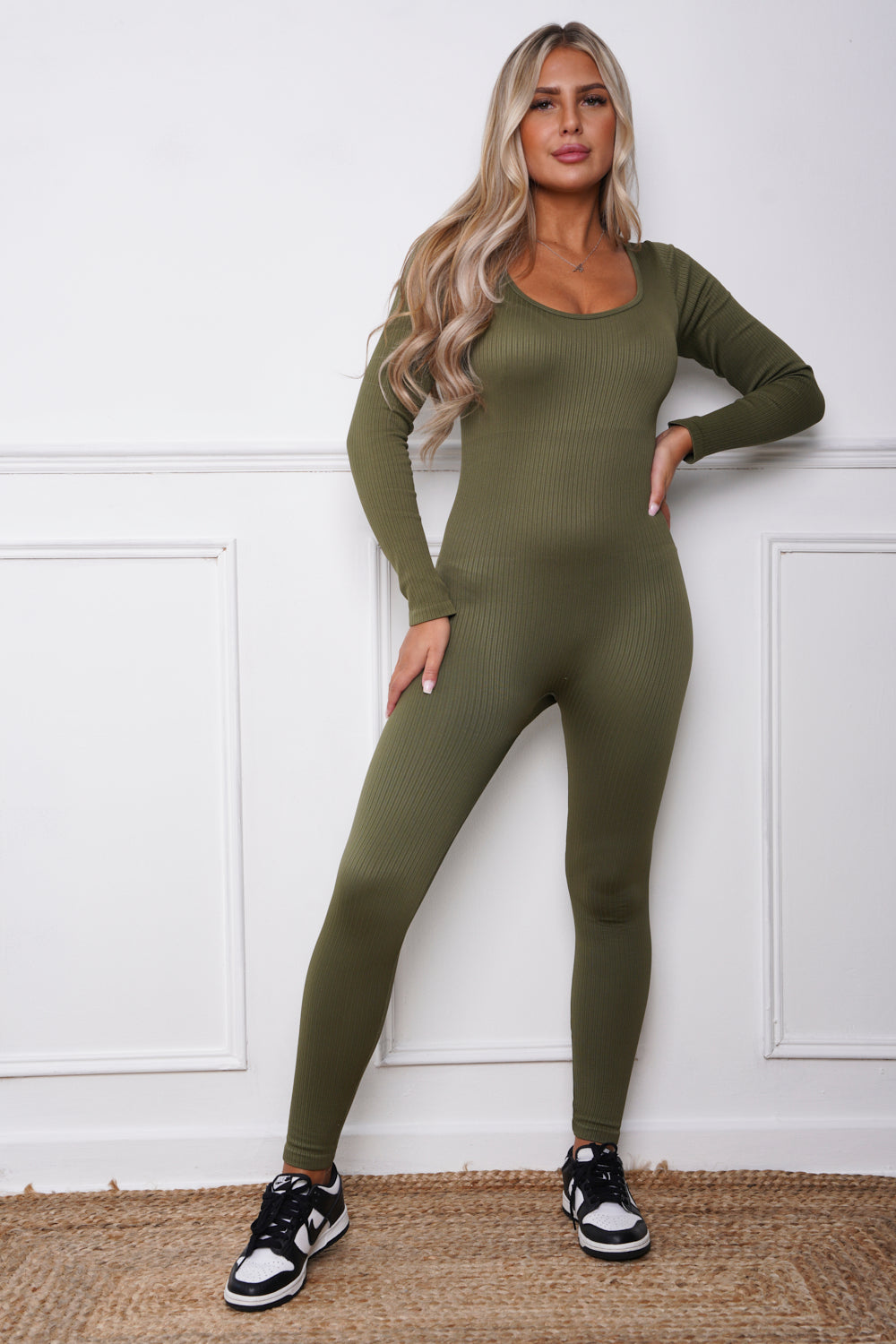 Ribbed Long Sleeve Unitard Khaki