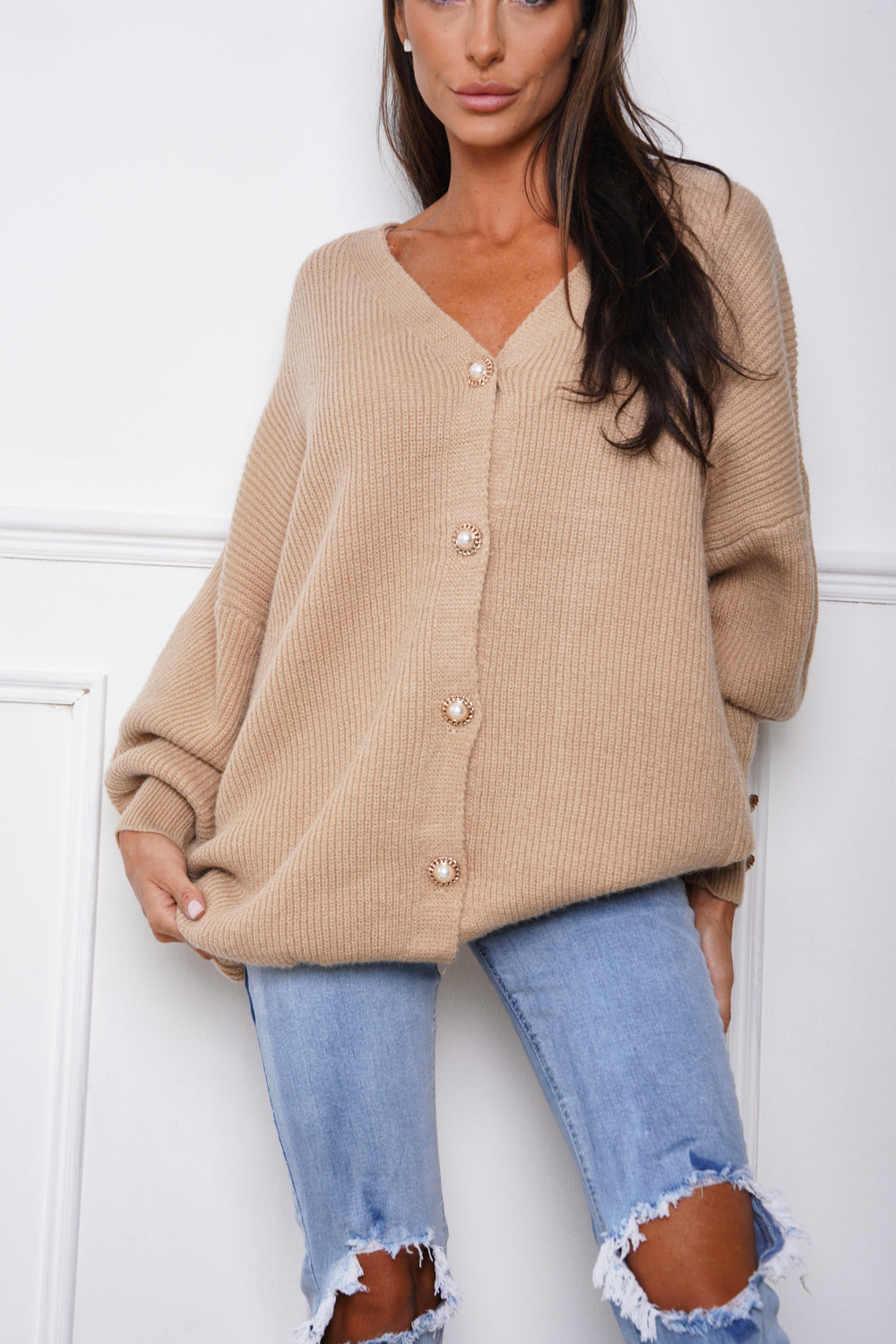 Laurel Pearl Button Oversize Cardigan Camel