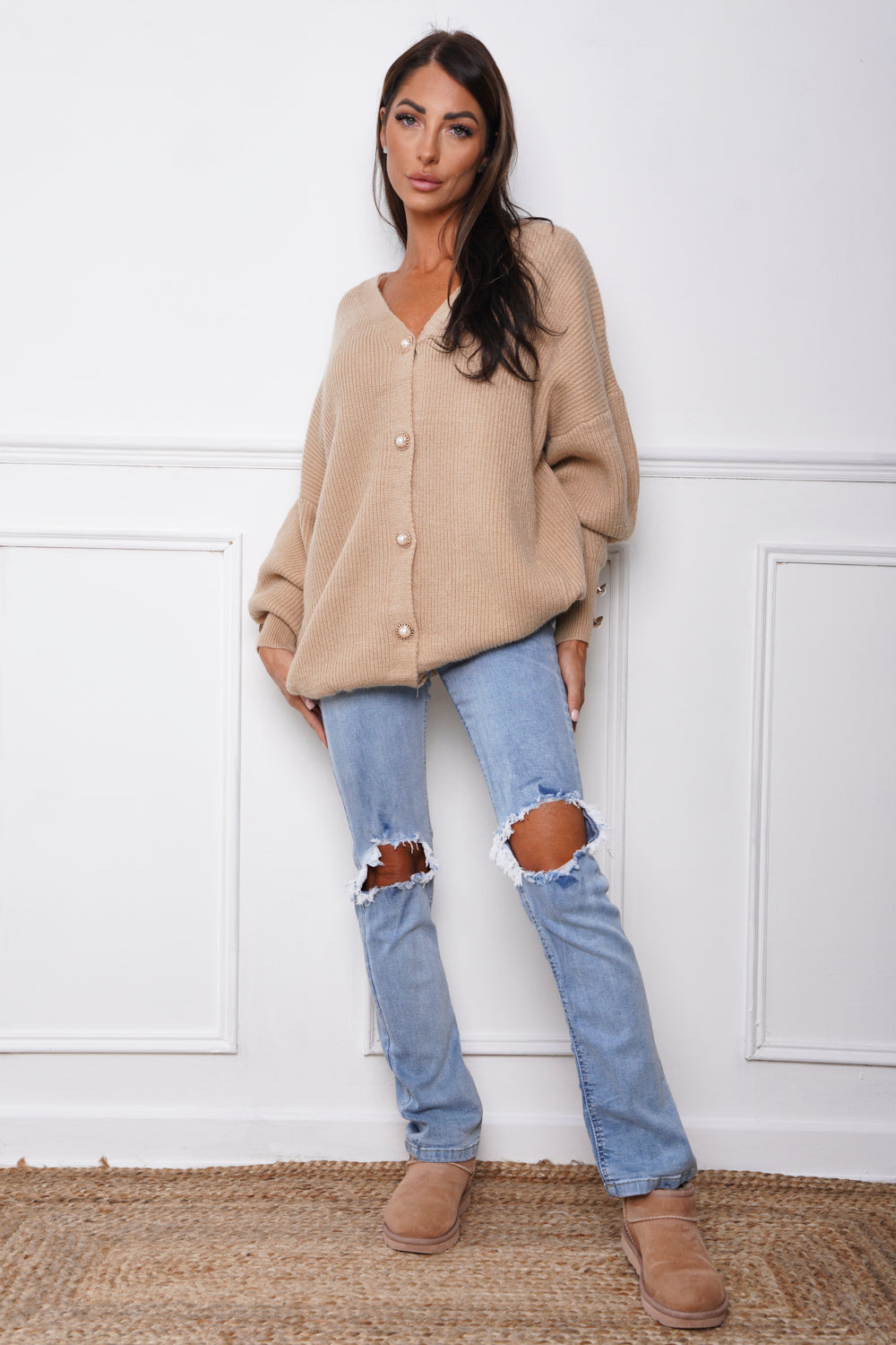 Laurel Pearl Button Oversize Cardigan Camel