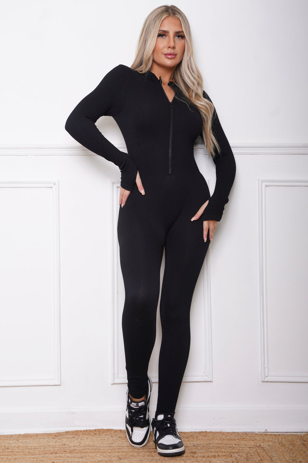Blyth Ribbed Long Sleeve Half Zip Unitard Black