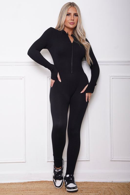 Blyth Ribbed Long Sleeve Half Zip Unitard Black