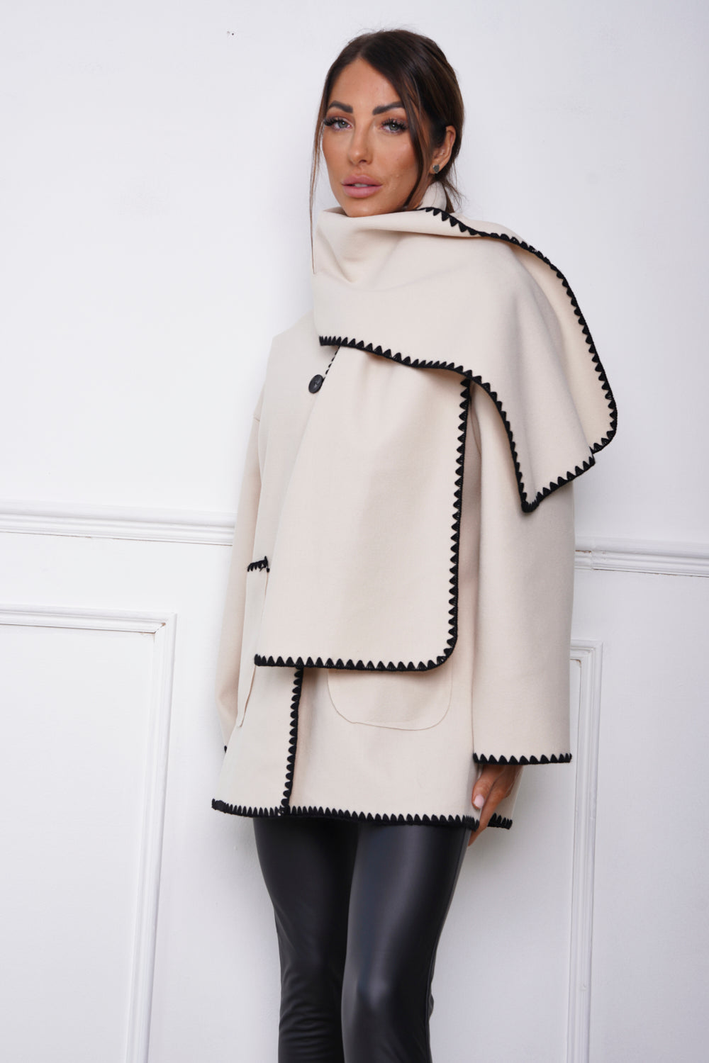 Claridge Contrast Button Fastening Jacket & Scarf Cream