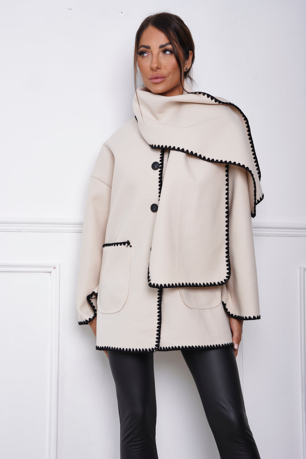 Claridge Contrast Button Fastening Jacket & Scarf Cream