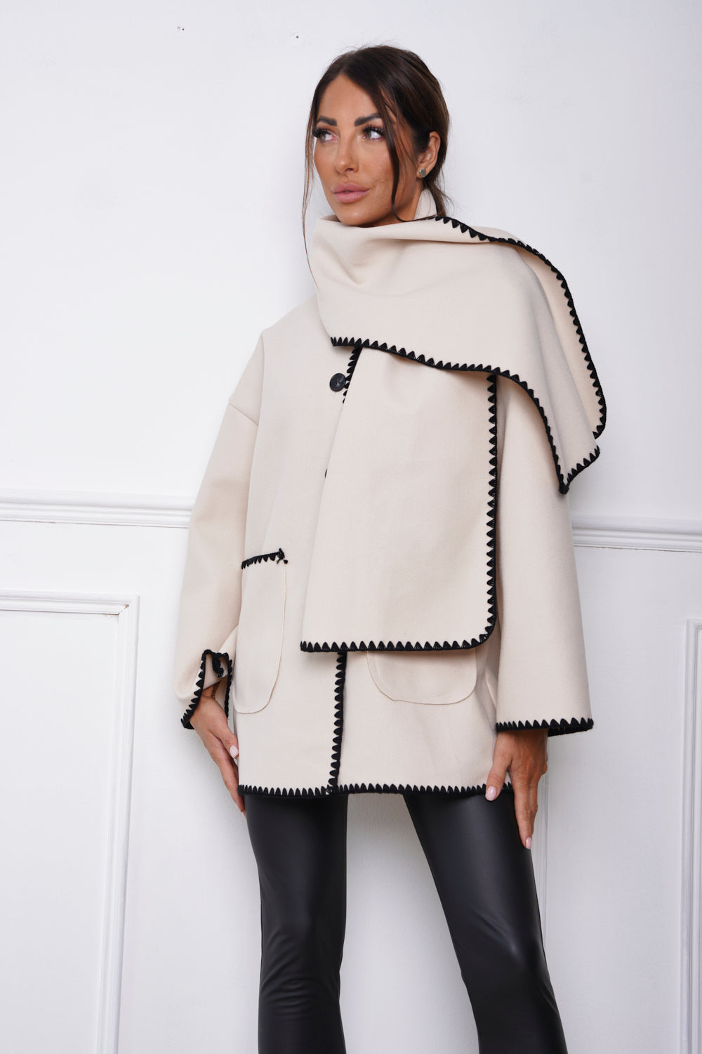 Claridge Contrast Button Fastening Jacket & Scarf Cream