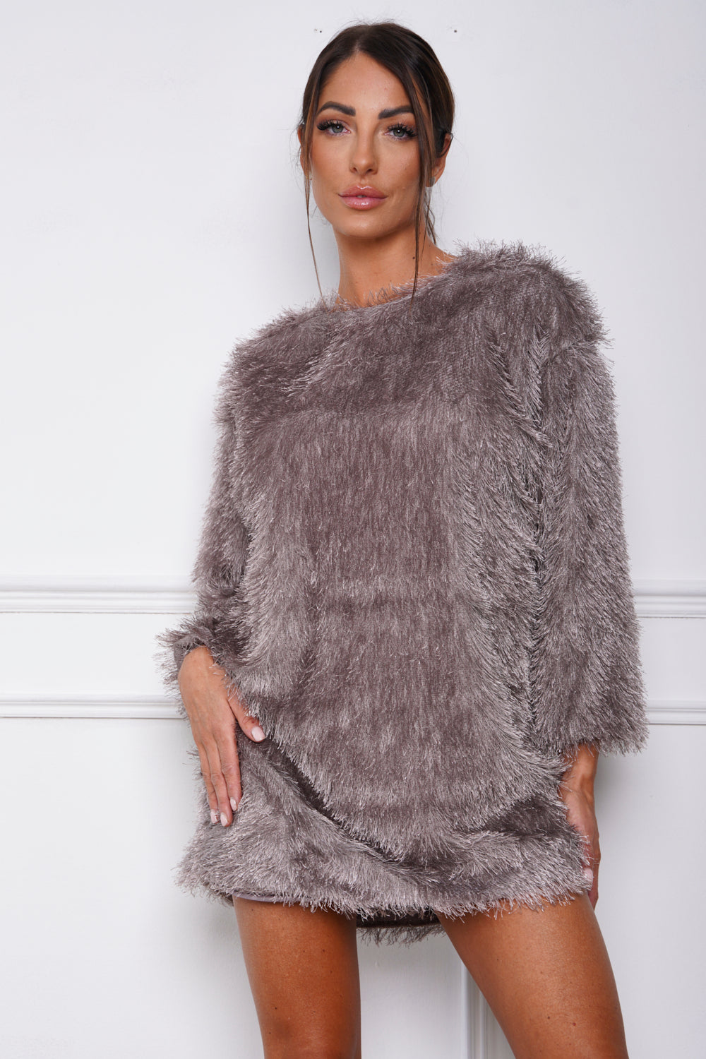 Mohair Trim Round Neck Shift Mini Dress Taupe