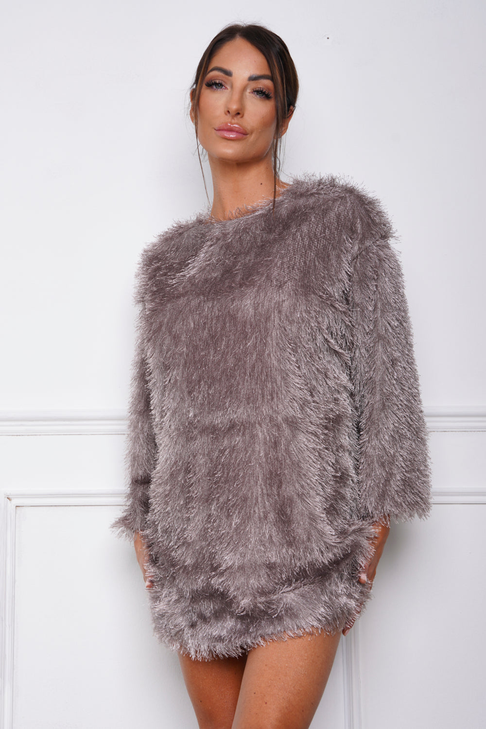Mohair Trim Round Neck Shift Mini Dress Taupe