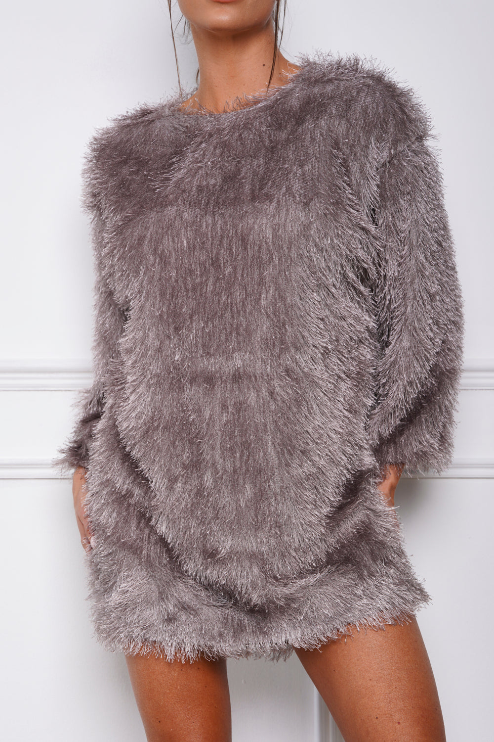 Mohair Trim Round Neck Shift Mini Dress Taupe