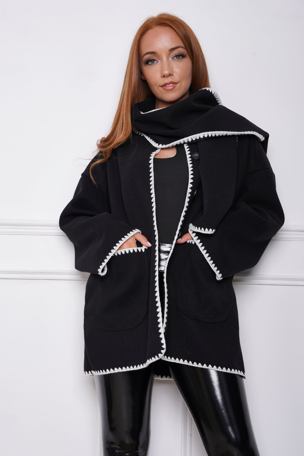 Claridge Contrast Button Fastening Jacket & Scarf Black