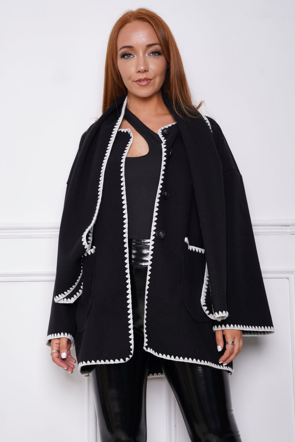 Claridge Contrast Button Fastening Jacket & Scarf Black