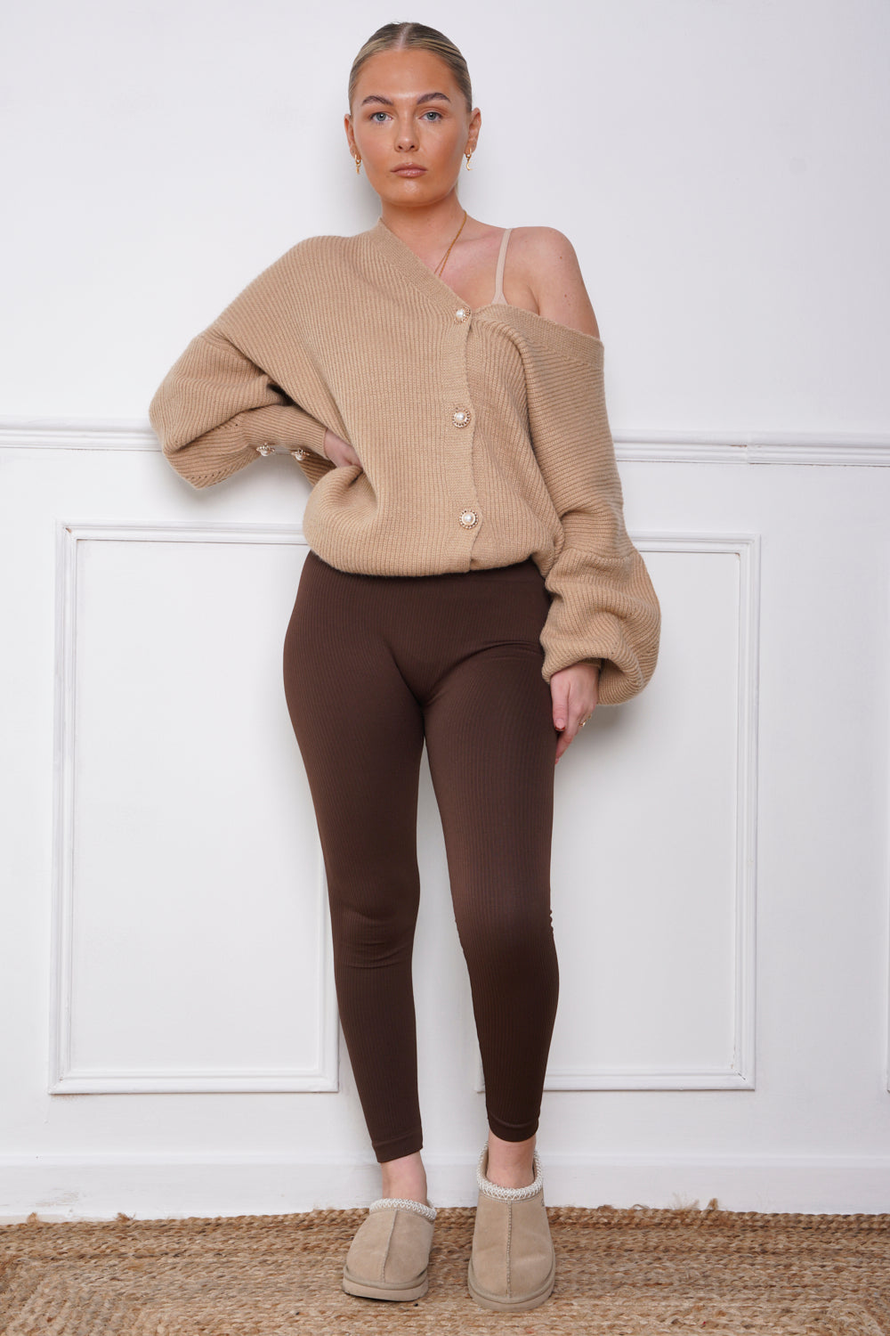 High Waist Thick Rib Leggings Brown