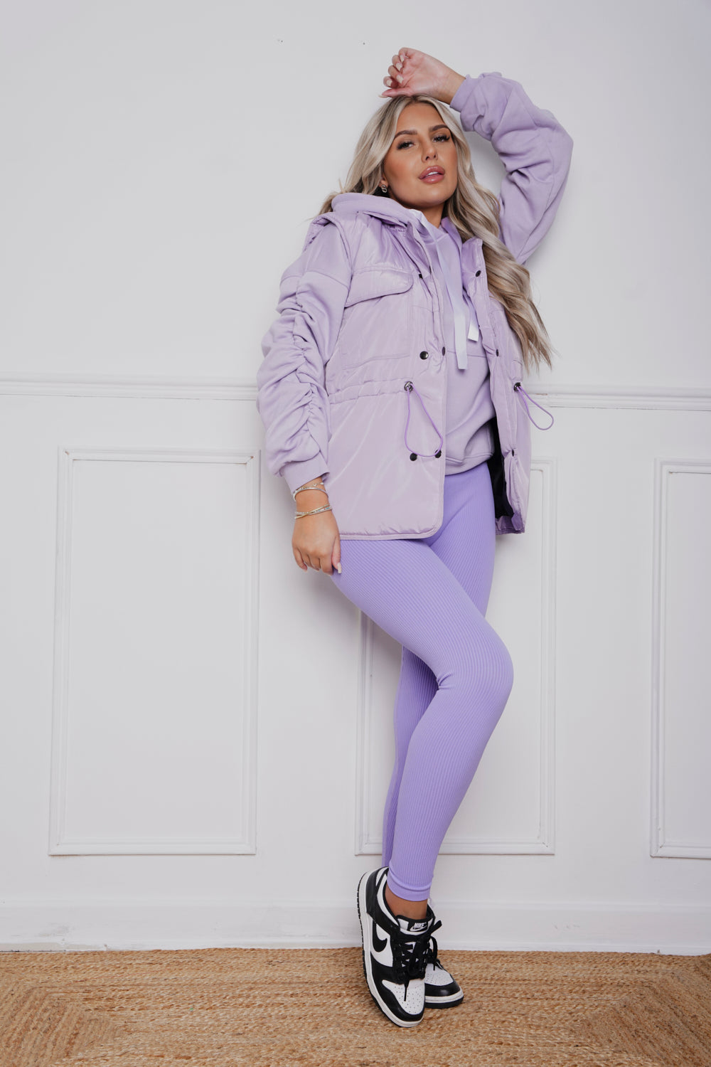 Oversized Ruched Ribbon Hoody, Legging & Gillet Set Lilac