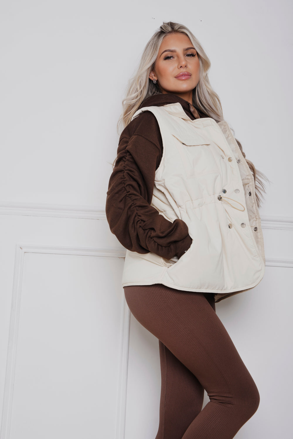 Oversized Ruched Ribbon Hoody, Legging & Gillet Set Brown/Cream