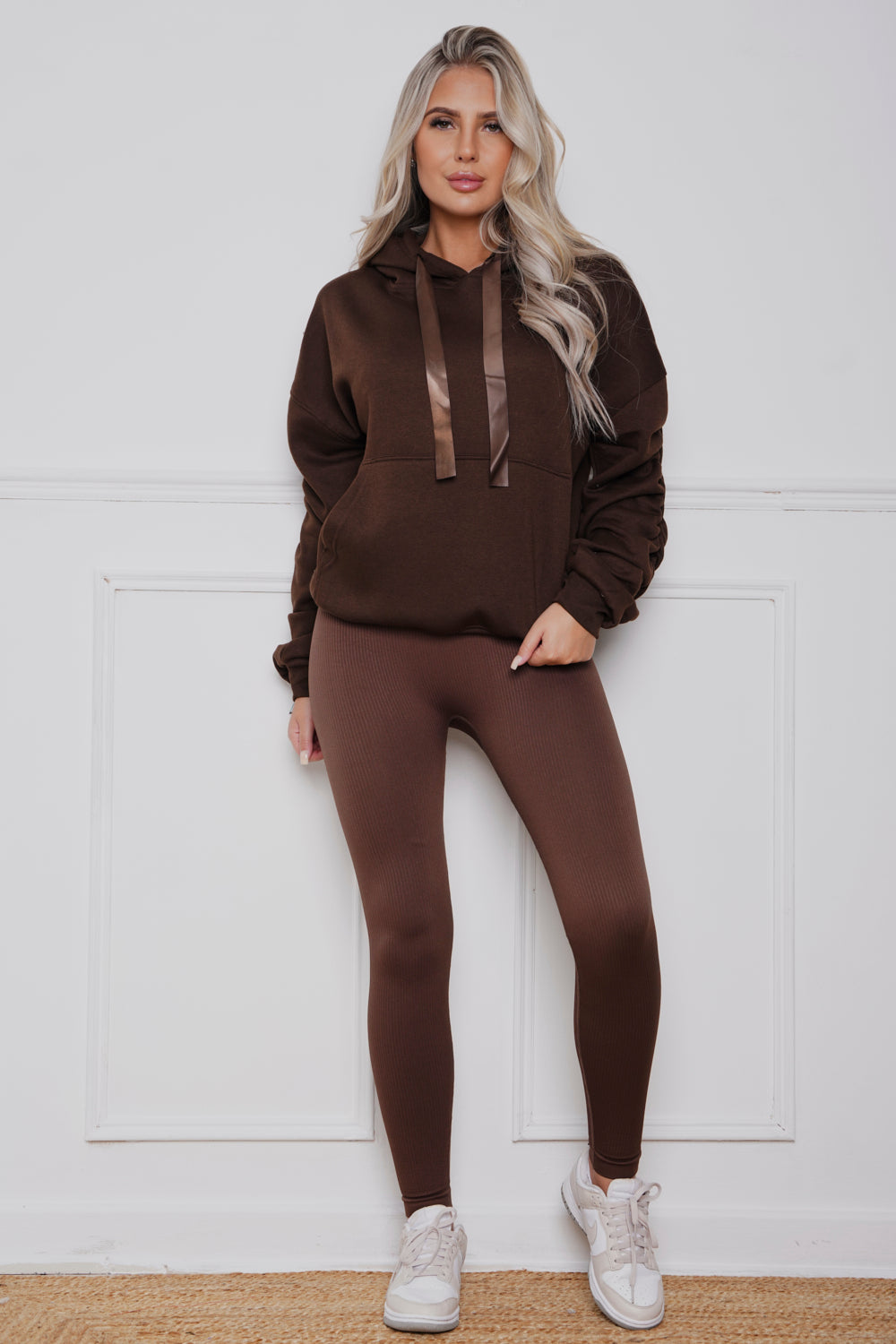 Oversized Ruched Ribbon Hoody & Legging Co-ord Brown