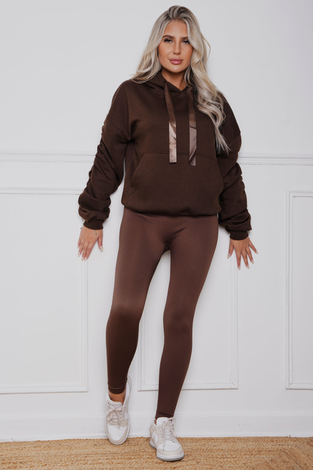 Oversized Ruched Ribbon Hoody & Legging Co-ord Brown