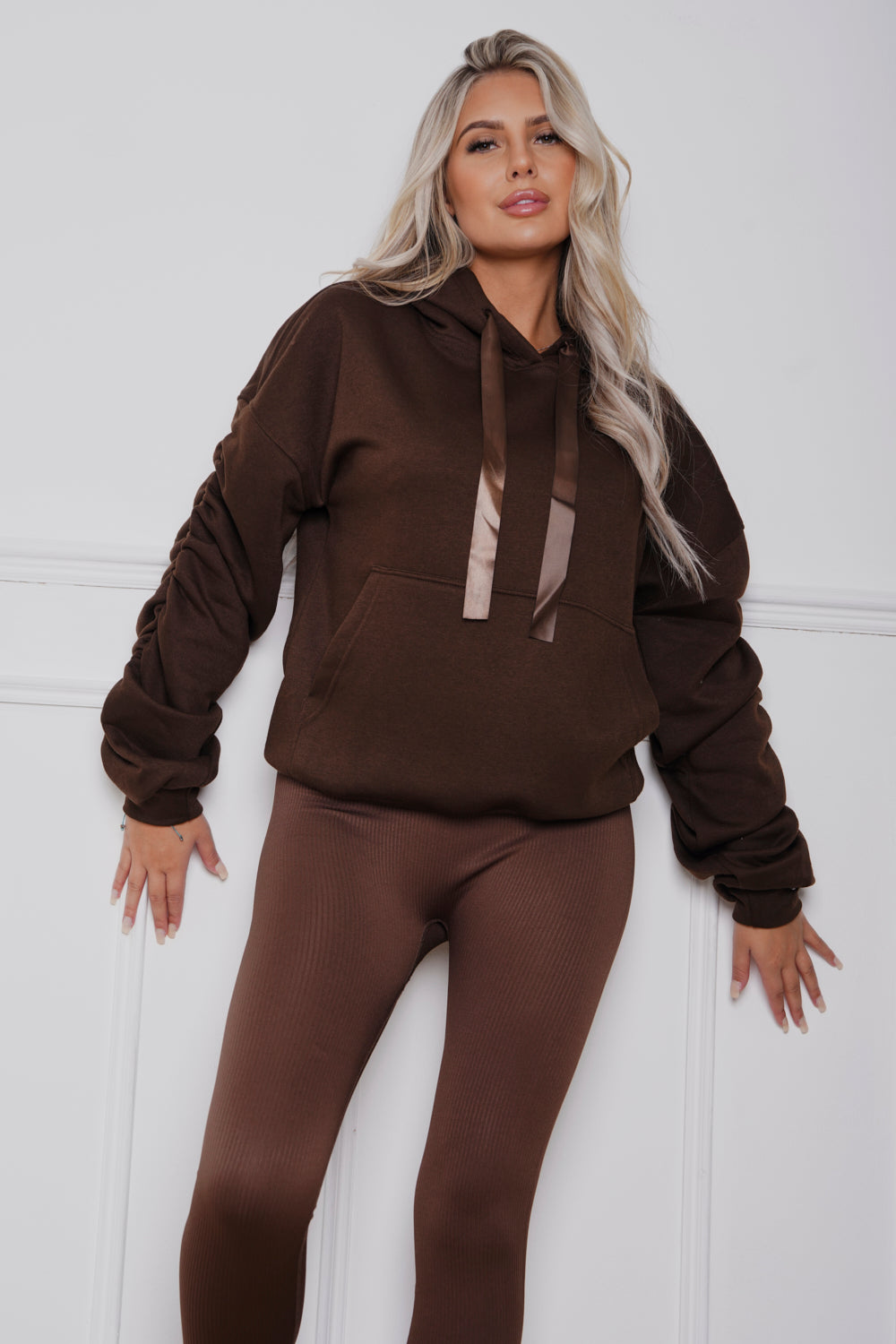 Oversized Ruched Ribbon Hoody & Legging Co-ord Brown