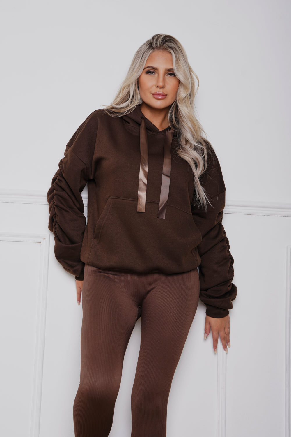Oversized Ruched Ribbon Hoody & Legging Co-ord Brown