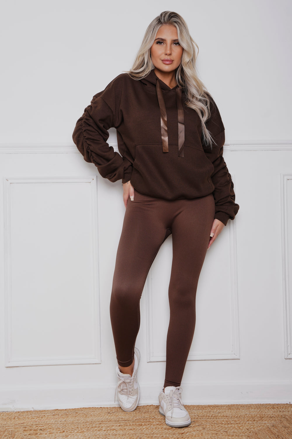 Oversized Ruched Ribbon Hoody & Legging Co-ord Brown