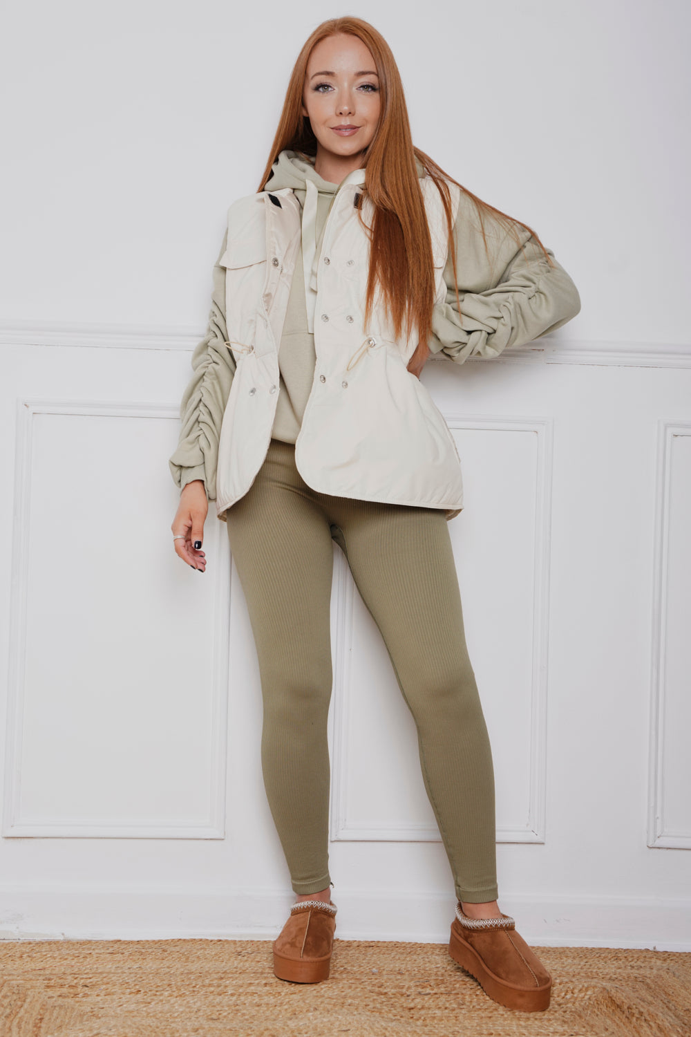 Oversized Ruched Ribbon Hoody, Legging & Gillet Set Khaki/Cream