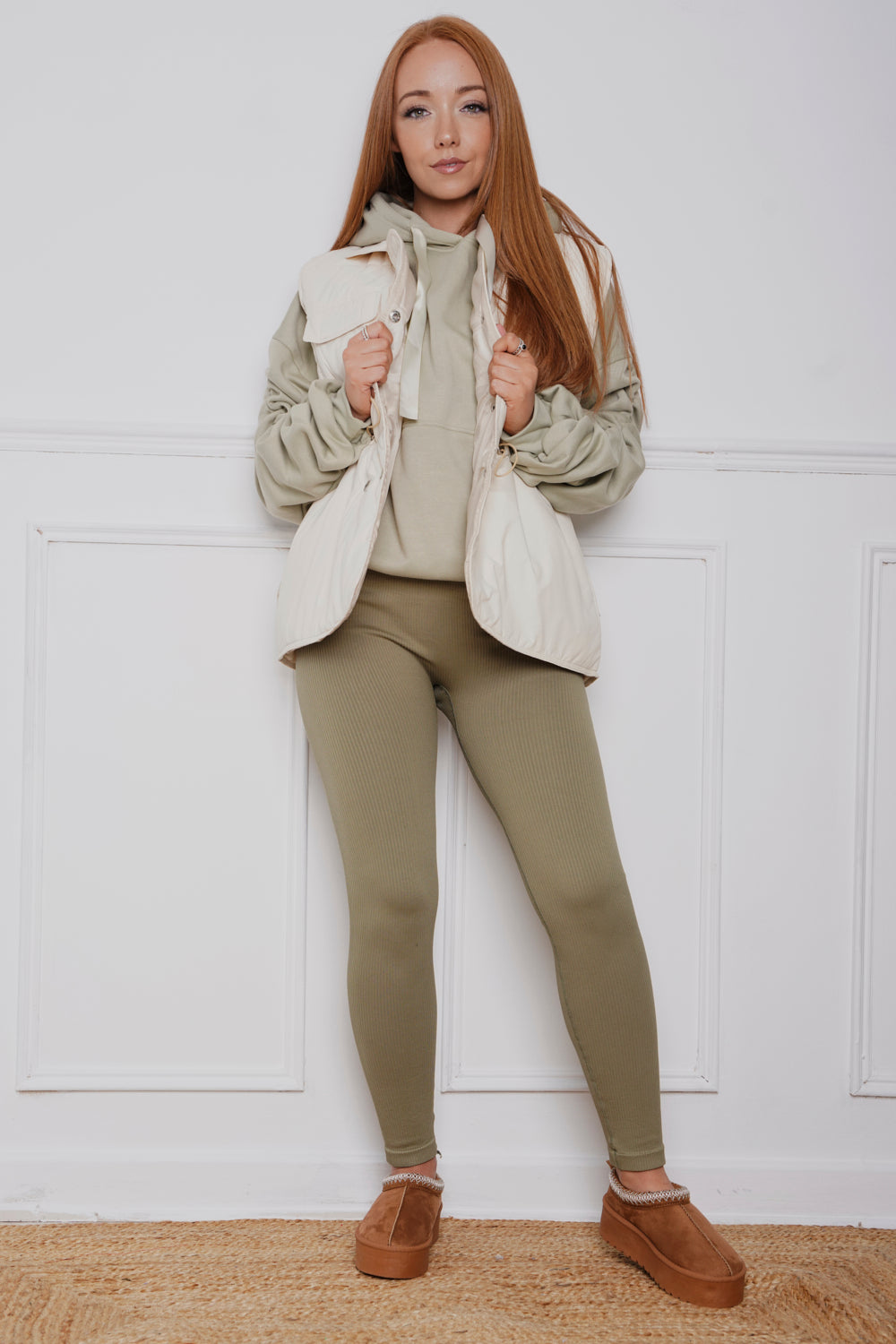 Oversized Ruched Ribbon Hoody, Legging & Gillet Set Khaki/Cream