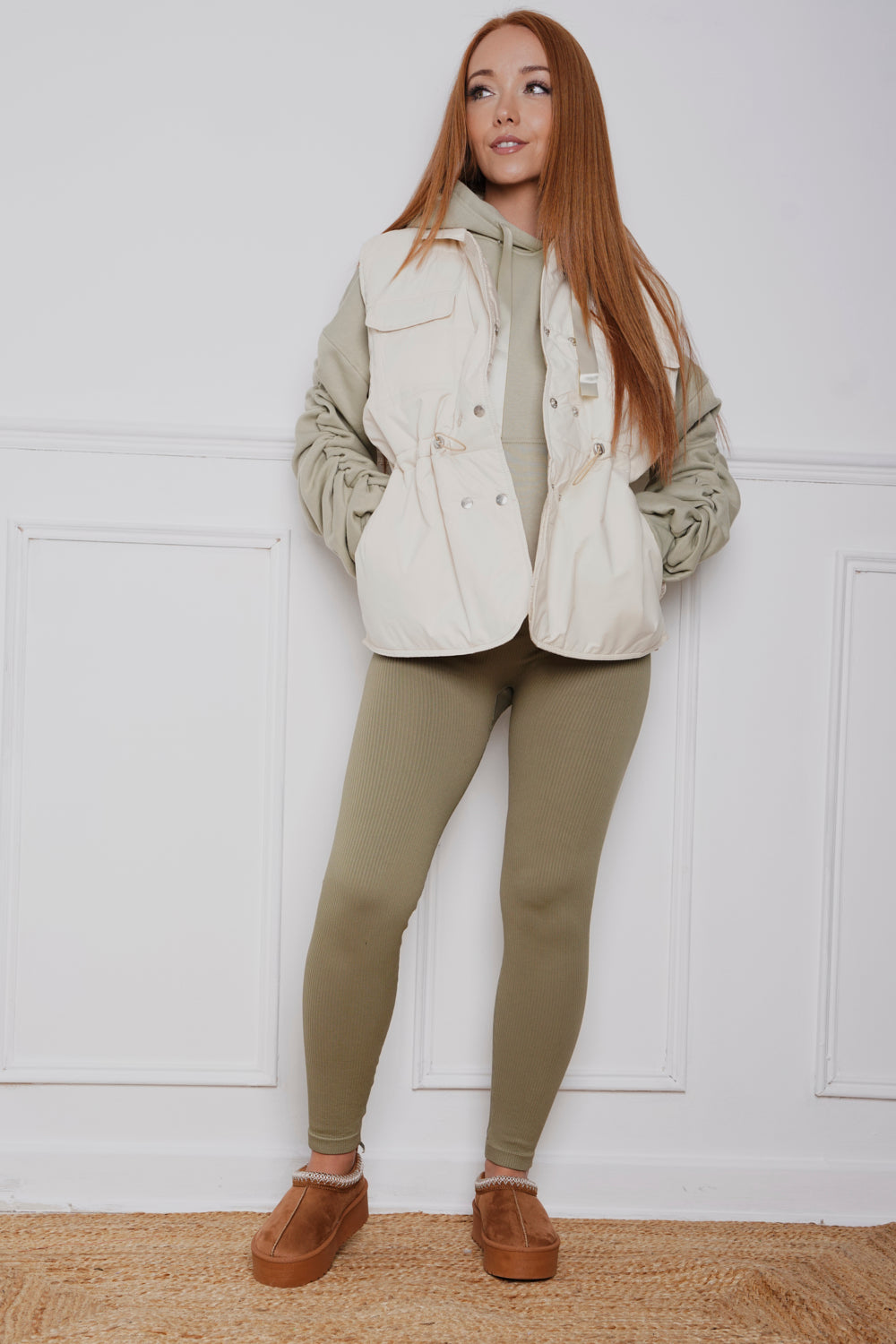 Oversized Ruched Ribbon Hoody, Legging & Gillet Set Khaki/Cream