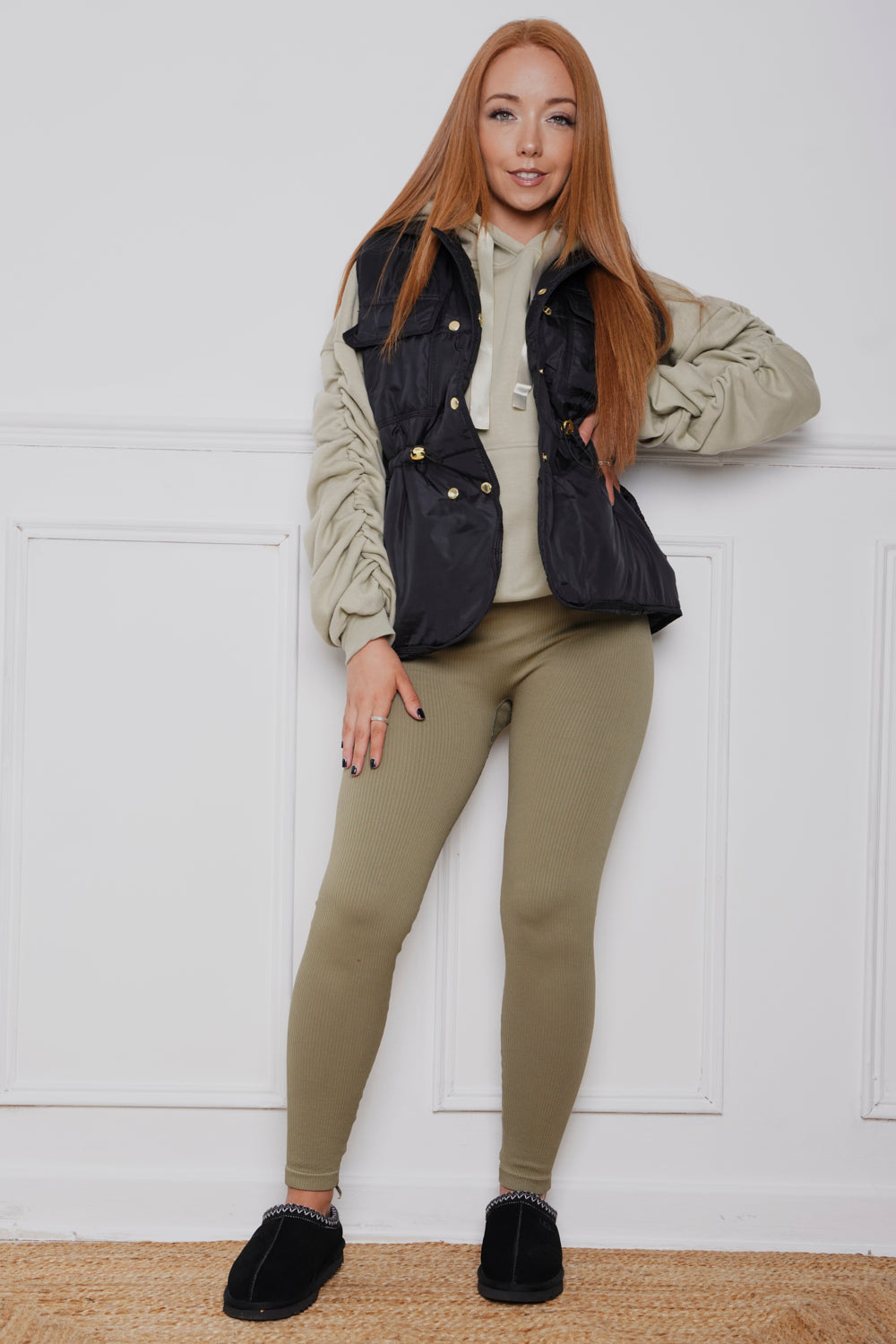 Oversized Ruched Ribbon Hoody, Legging & Gillet Set Khaki/Black