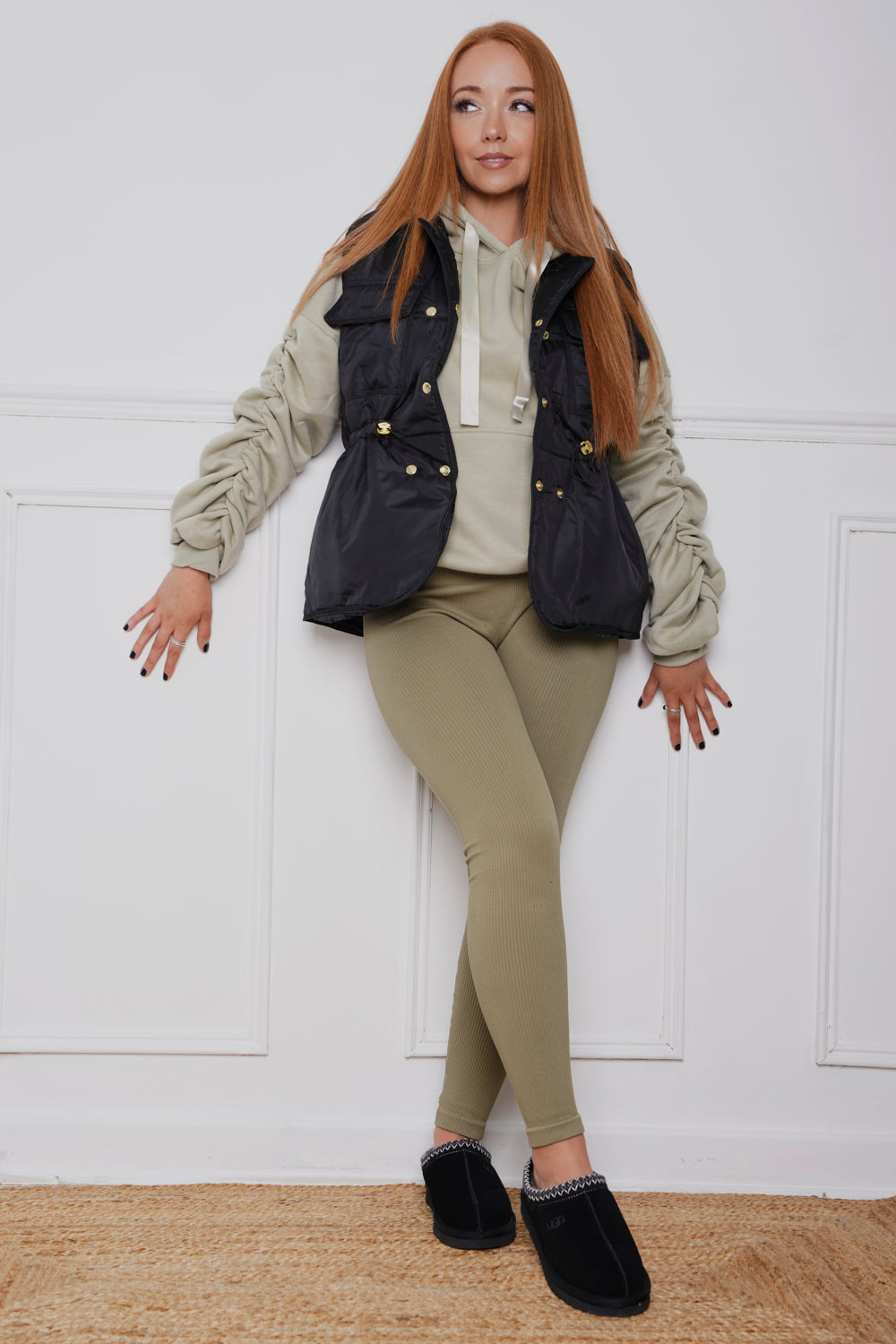 Oversized Ruched Ribbon Hoody, Legging & Gillet Set Khaki/Black