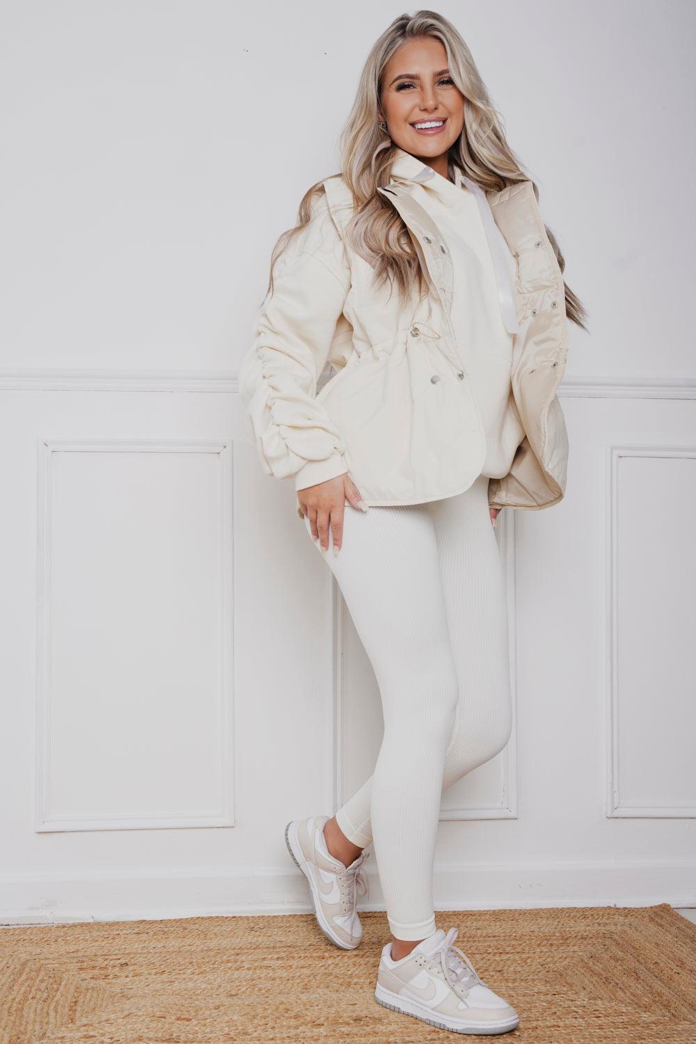 Oversized Ruched Ribbon Hoody, Legging & Gillet Set Cream