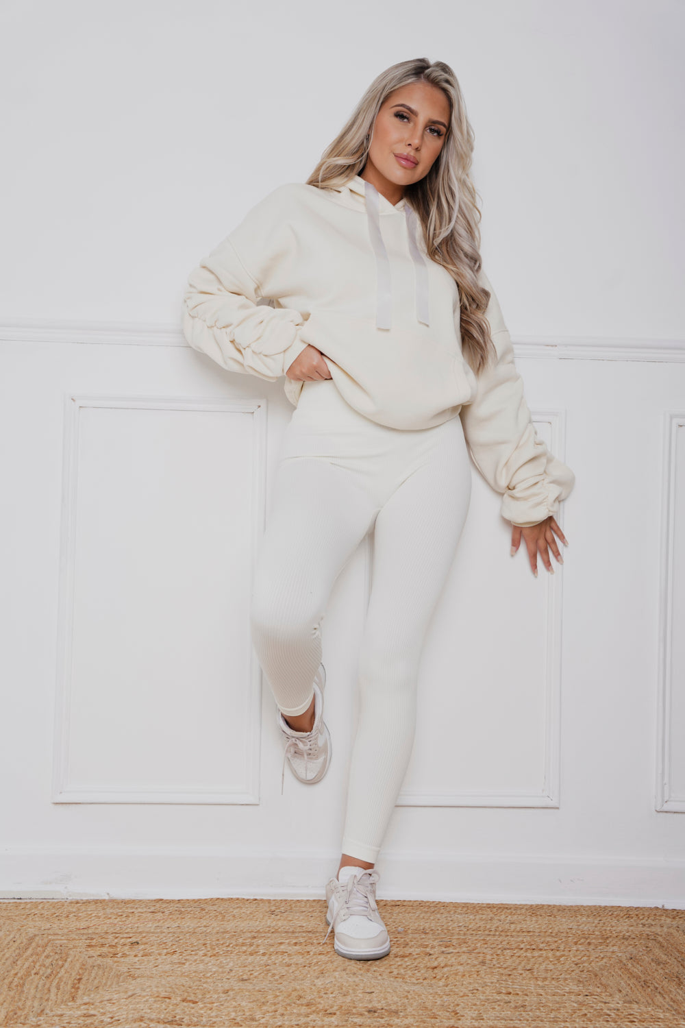 Oversized Ruched Ribbon Hoody, Legging & Gillet Set Cream