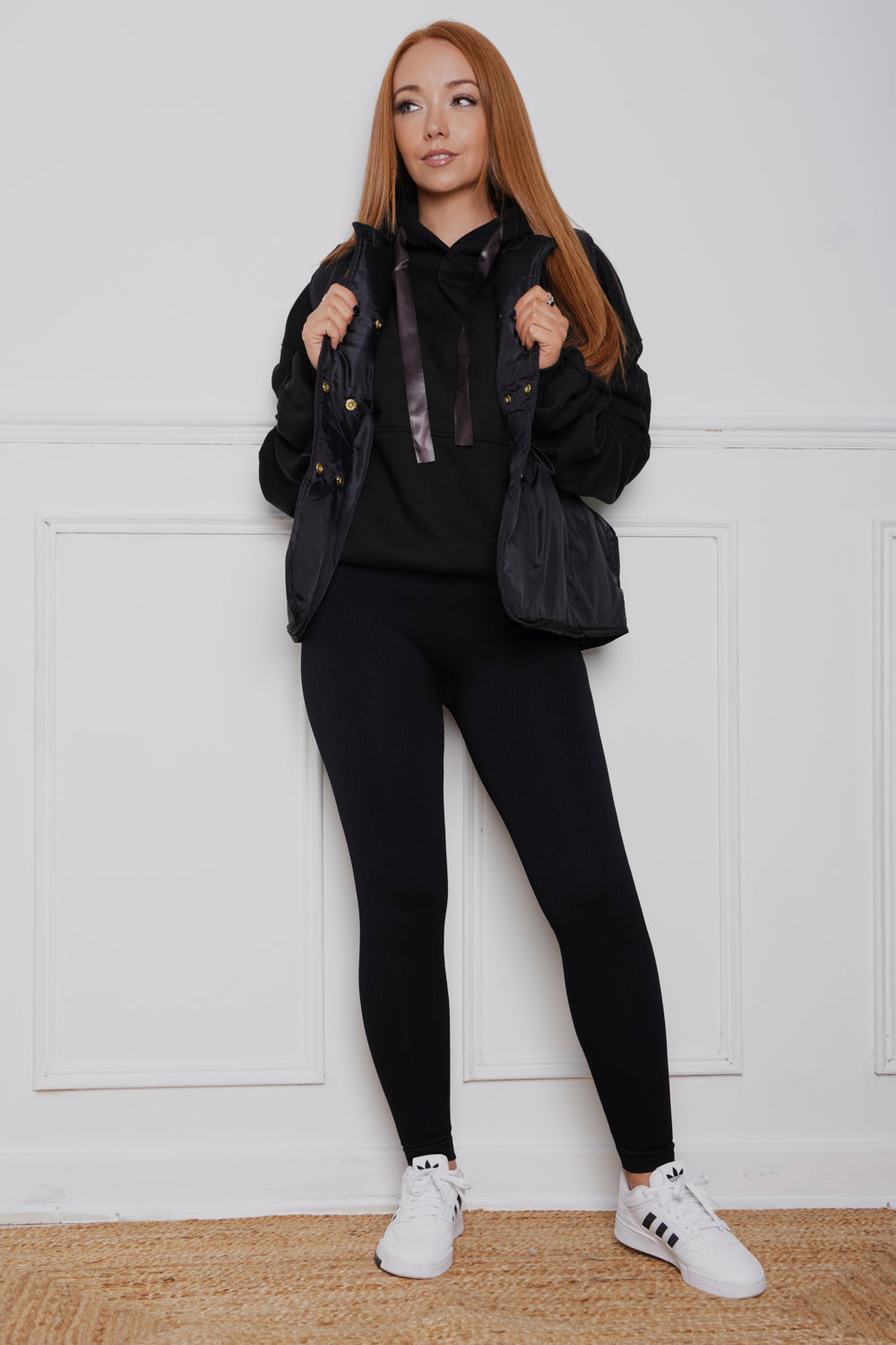 Oversized Ruched Ribbon Hoody, Legging & Gillet Set Black