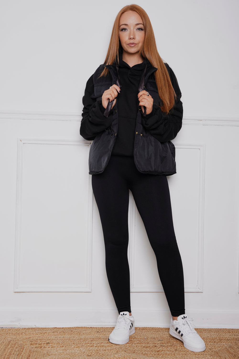 Oversized Ruched Ribbon Hoody, Legging & Gillet Set Black