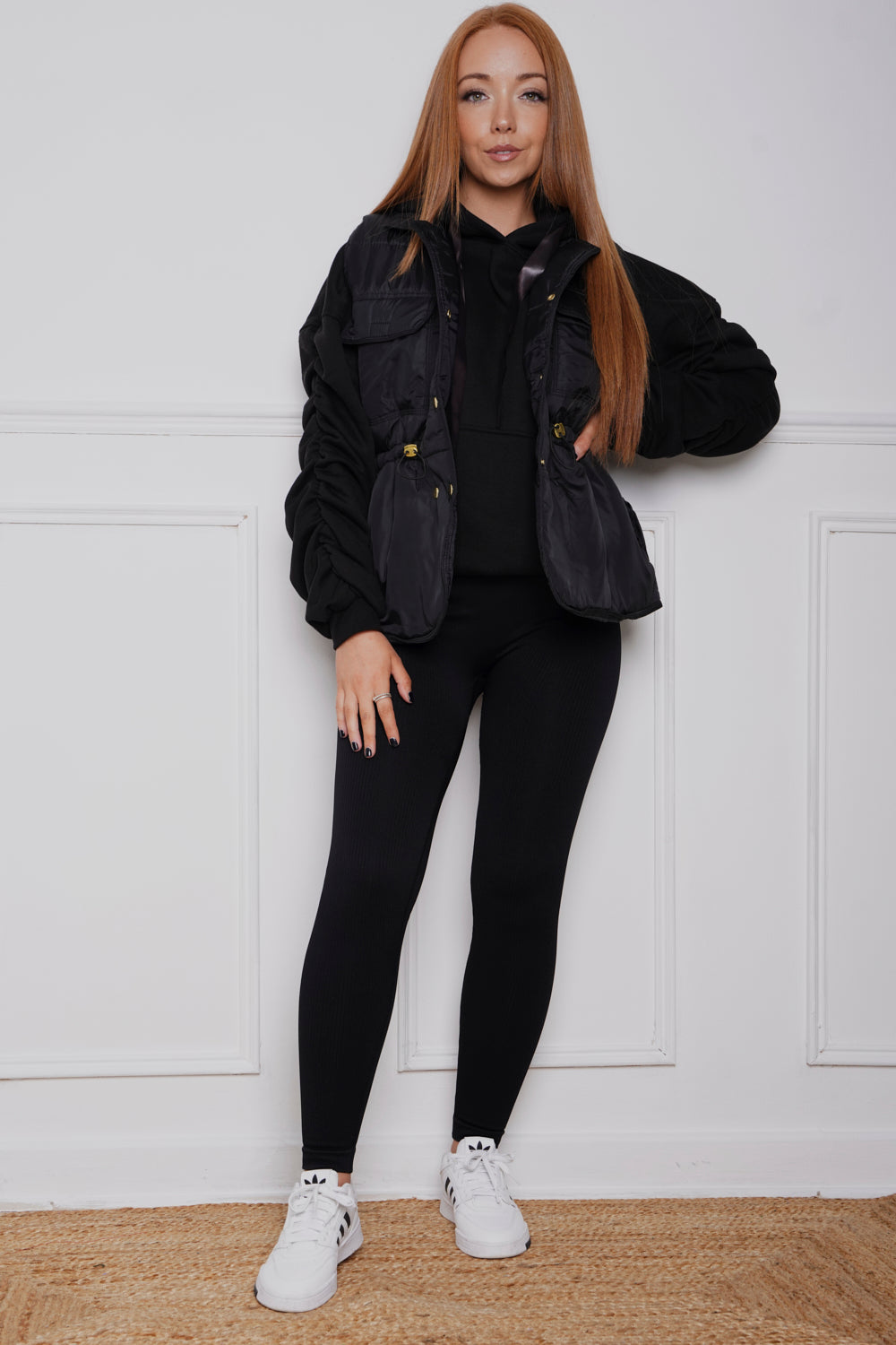 Oversized Ruched Ribbon Hoody, Legging & Gillet Set Black