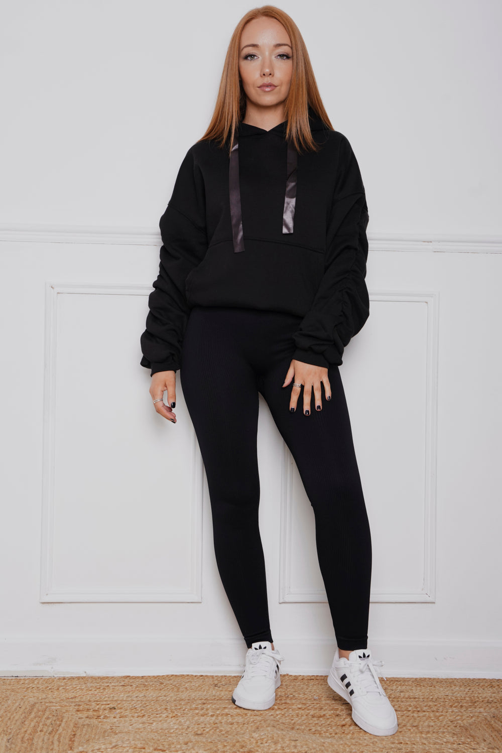 Oversized Ruched Ribbon Hoody, Legging & Gillet Set Black