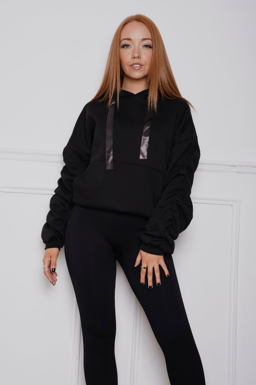 Oversized Ruched Ribbon Hoody & Legging Co-ord Black