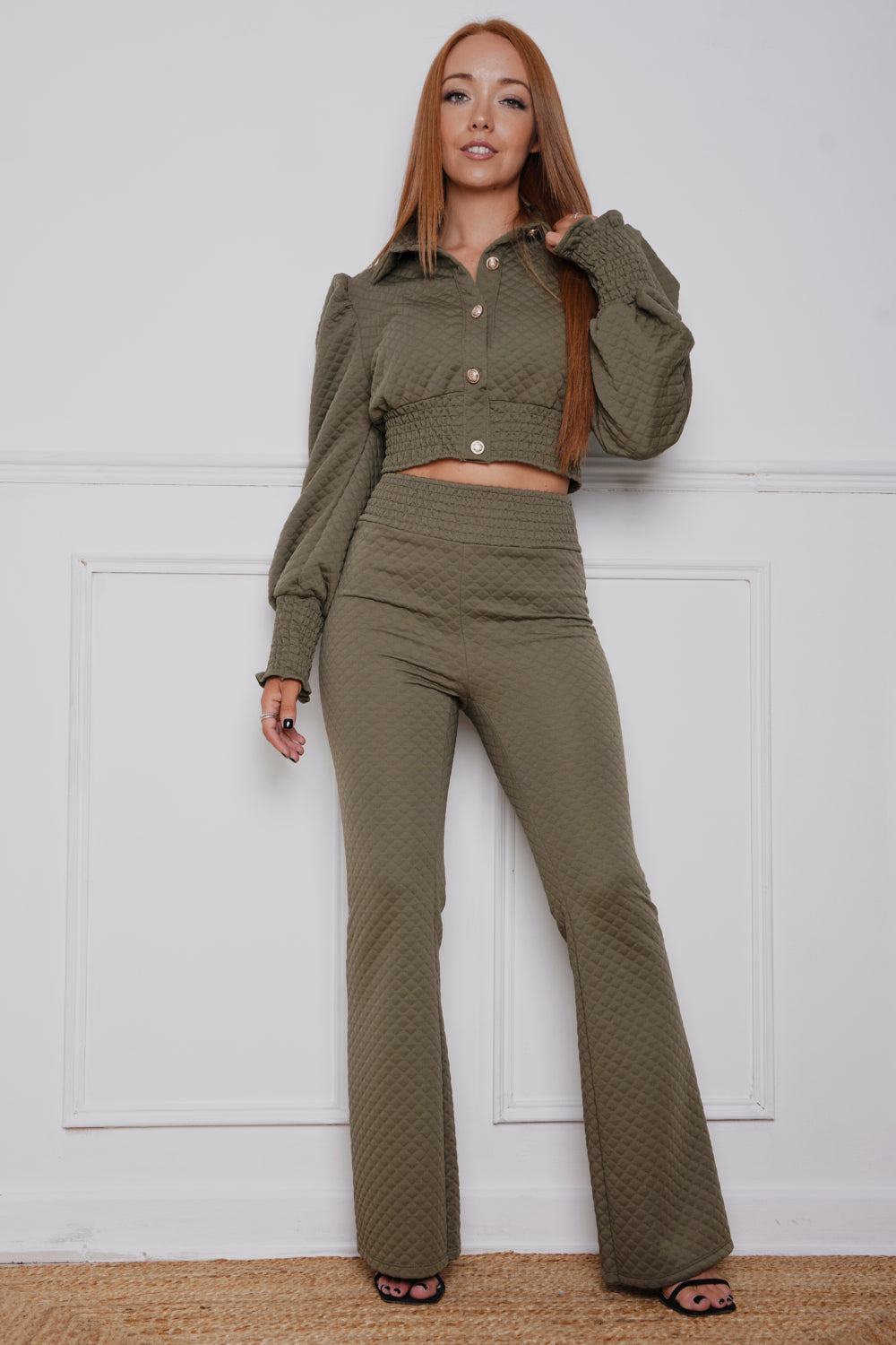 Brodie Quilted Gold Button Co-Ord Khaki