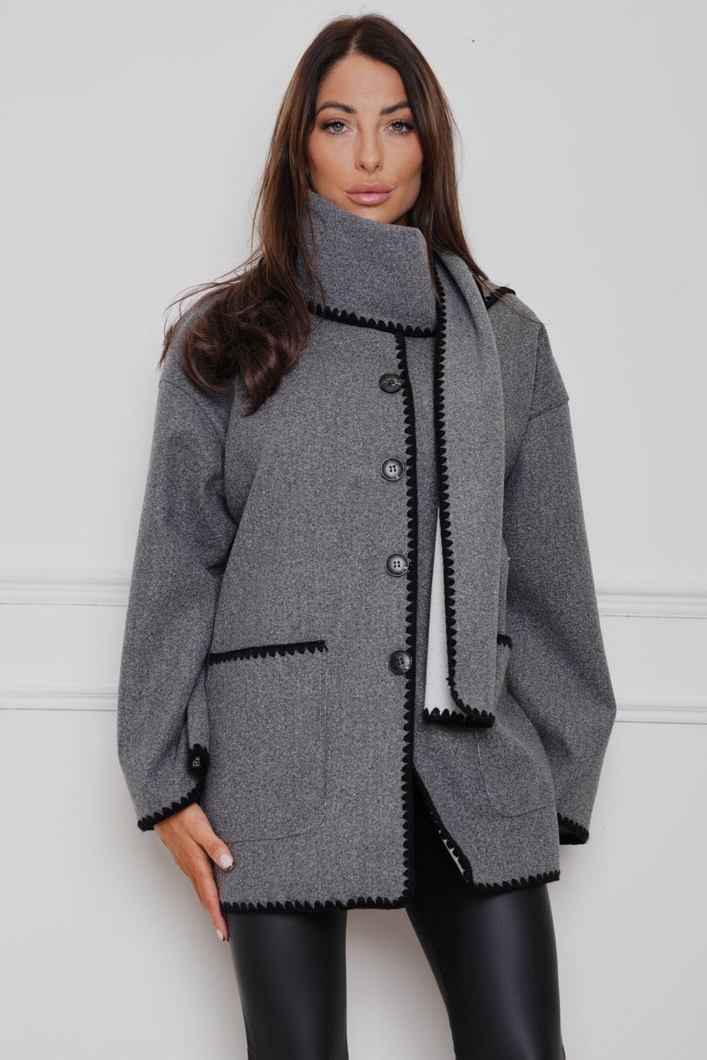 Claridge Contrast Button Fastening Jacket & Scarf Grey