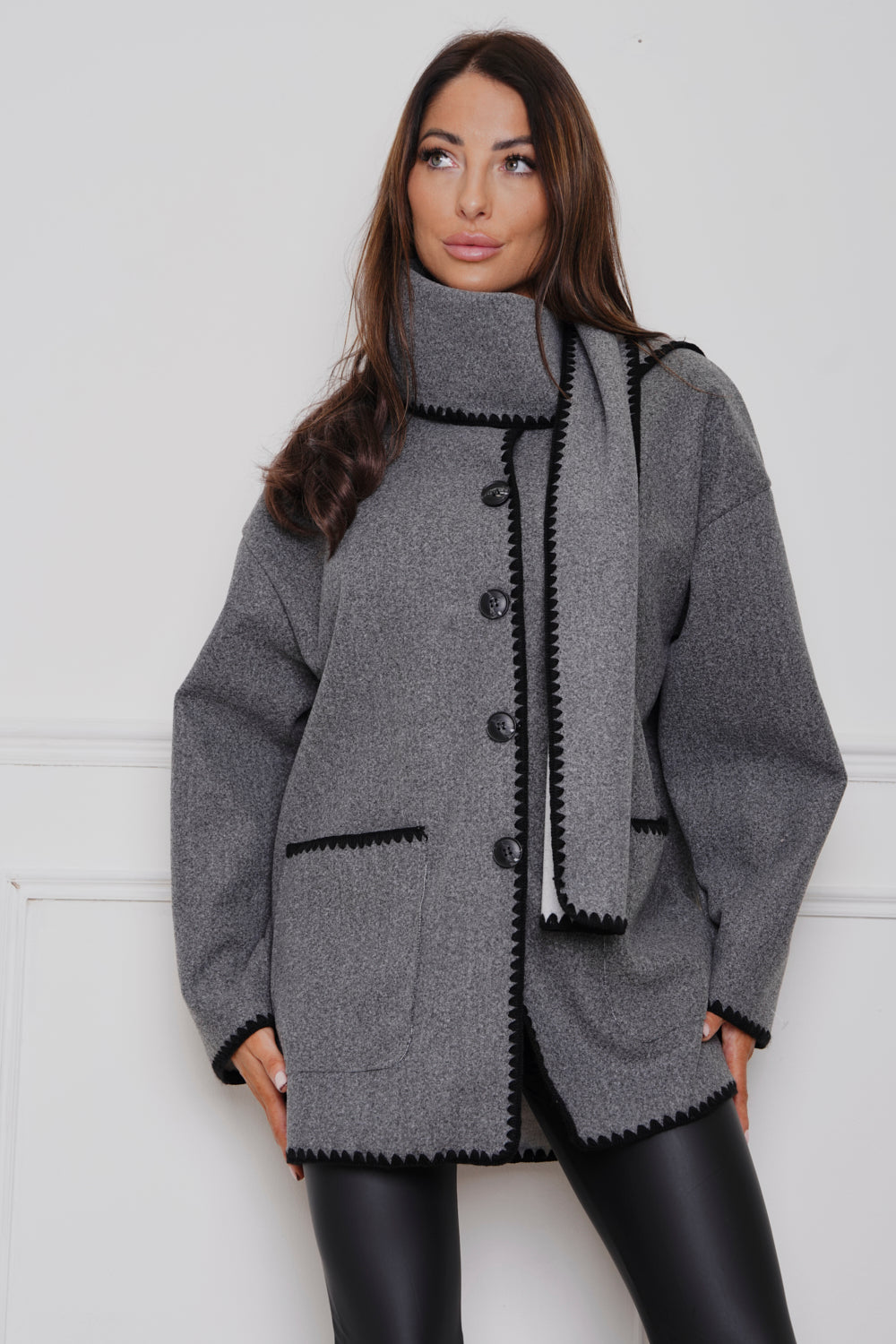 Claridge Contrast Button Fastening Jacket & Scarf Grey