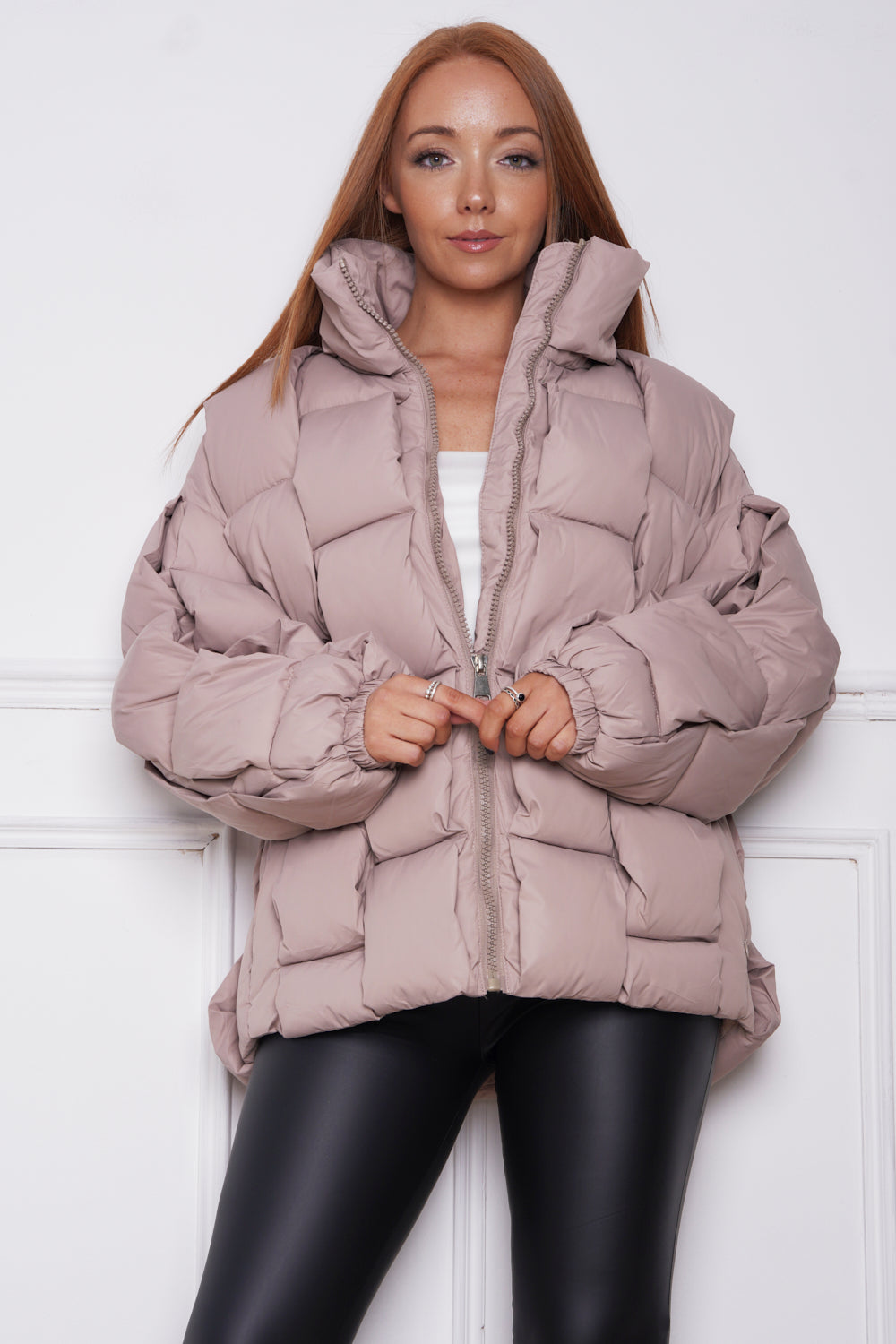 Dova Luxury Quilted Zip Up Coat Beige