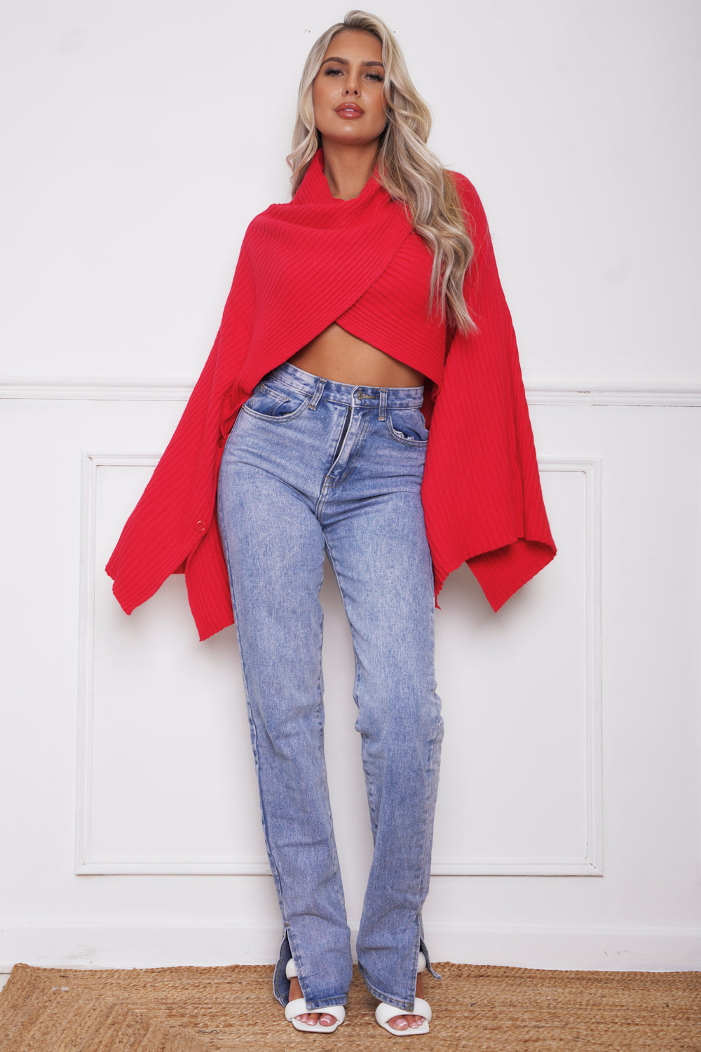 Bella Bat Wing Sleeve Cropped Jumper Red
