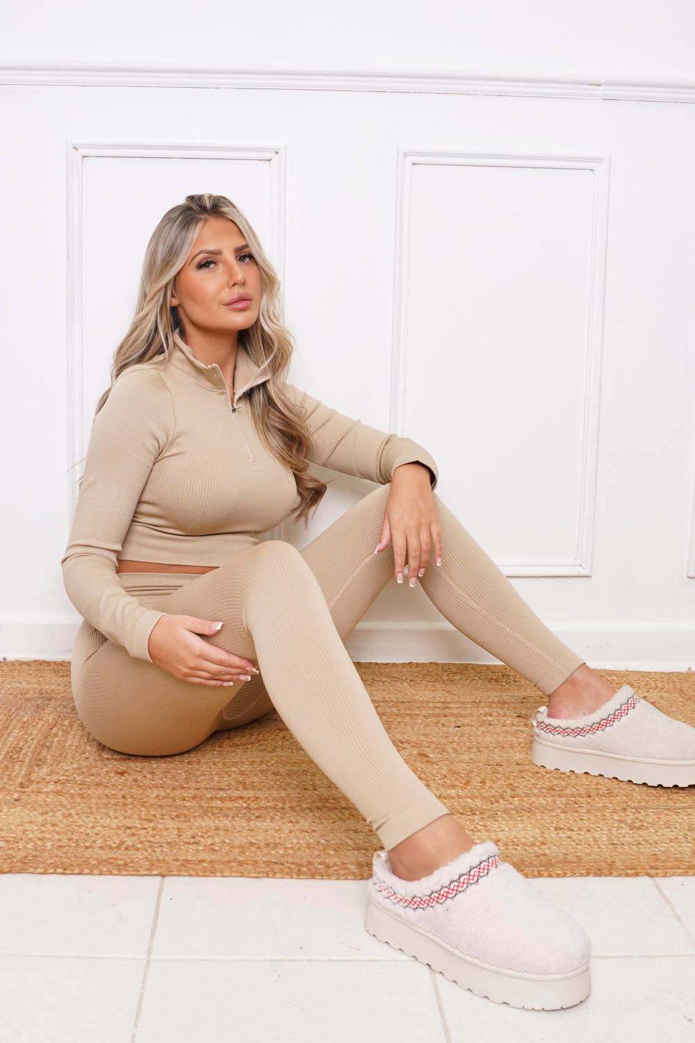 Luxury Half Zip Co Ord Set Beige