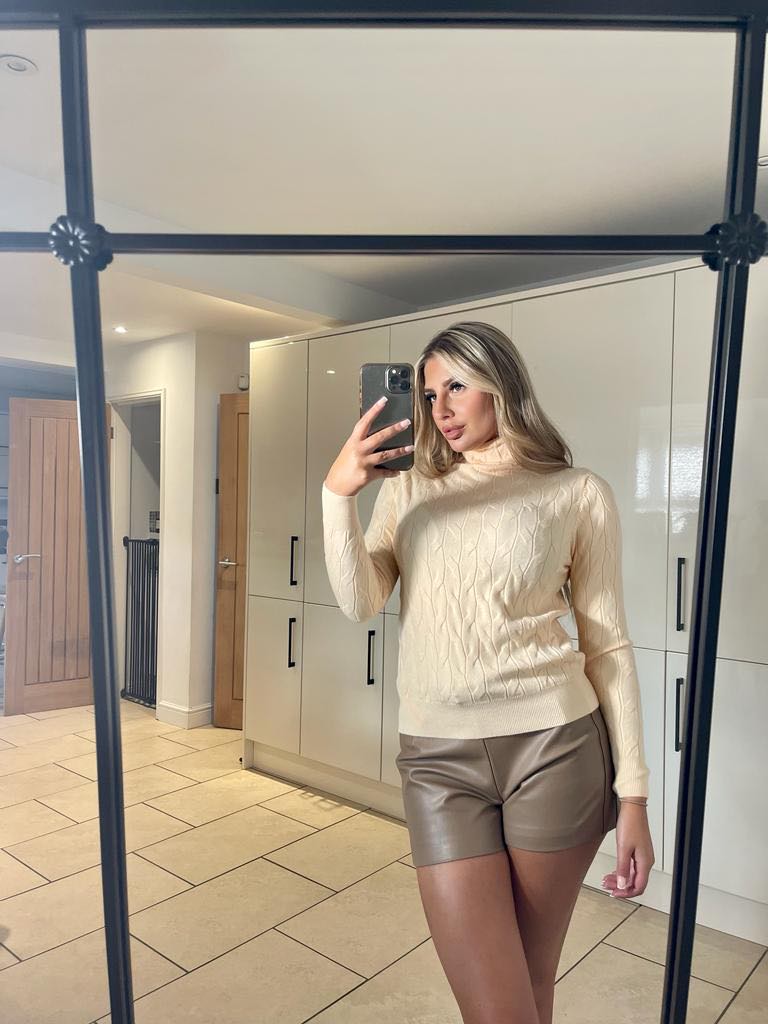 Cable Knit Roll Neck Jumper Peach